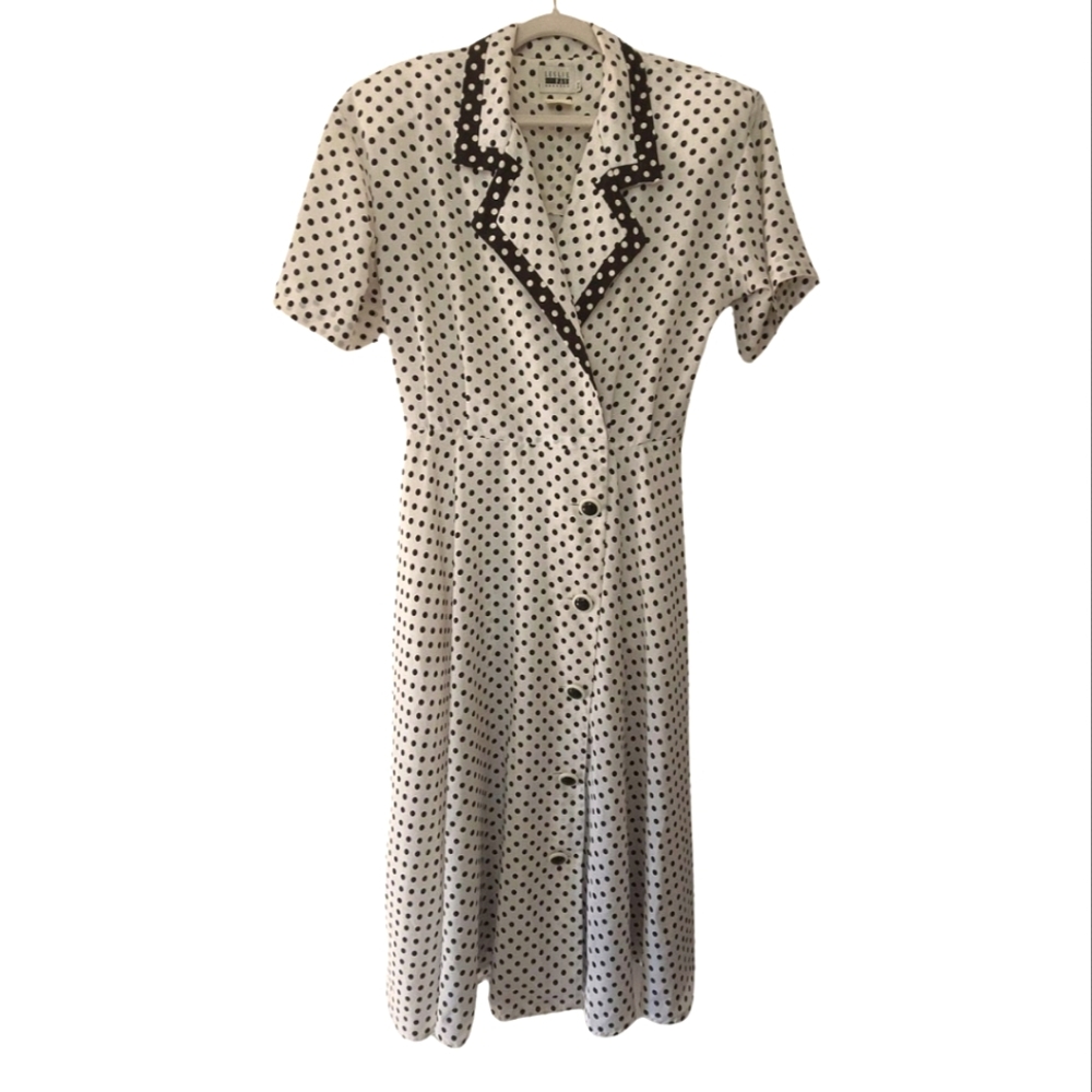 Vintage Leslie Fay Womens Black White Polka Dot Midi Dress Size 12